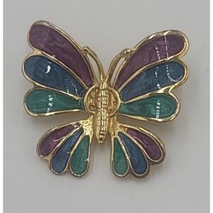 Vintage gold tone blue purple green enamel BUTTERLY insect brooch pin
